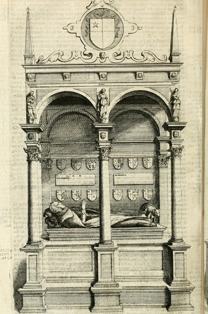 An illustration from The antiquities of Warwickshire illustrated : from records, leiger-books, manuscripts, charters, evidences, tombes, and armes : beautified with maps, prospects, and portraictures, 1656, leaf 537