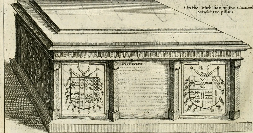 An illustration from The antiquities of Warwickshire illustrated : from records, leiger-books, manuscripts, charters, evidences, tombes, and armes : beautified with maps, prospects, and portraictures, 1656, leaf 551