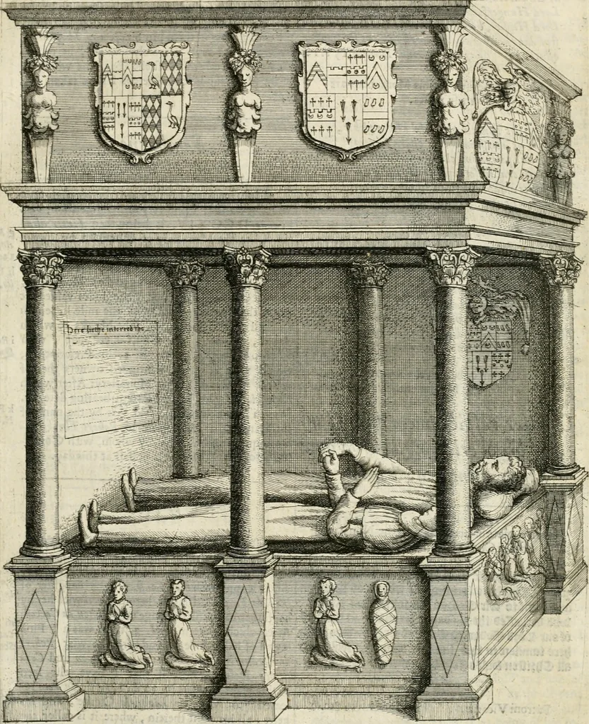 An illustration from The antiquities of Warwickshire illustrated : from records, leiger-books, manuscripts, charters, evidences, tombes, and armes : beautified with maps, prospects, and portraictures, 1656, leaf 552