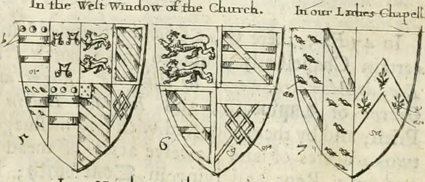An illustration from The antiquities of Warwickshire illustrated : from records, leiger-books, manuscripts, charters, evidences, tombes, and armes : beautified with maps, prospects, and portraictures, 1656, leaf 576