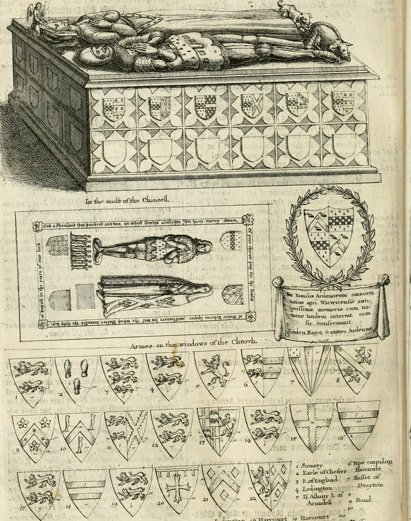 An illustration from The antiquities of Warwickshire illustrated : from records, leiger-books, manuscripts, charters, evidences, tombes, and armes : beautified with maps, prospects, and portraictures, 1656, leaf 633