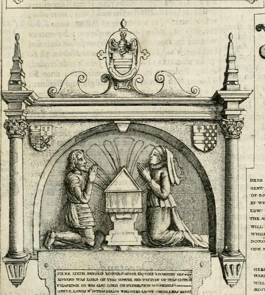 An illustration from The antiquities of Warwickshire illustrated : from records, leiger-books, manuscripts, charters, evidences, tombes, and armes : beautified with maps, prospects, and portraictures, 1656, leaf 634