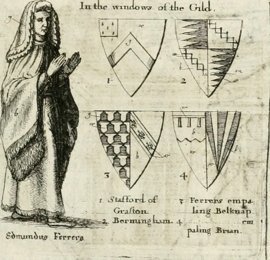 An illustration from The antiquities of Warwickshire illustrated : from records, leiger-books, manuscripts, charters, evidences, tombes, and armes : beautified with maps, prospects, and portraictures, 1656, leaf 652