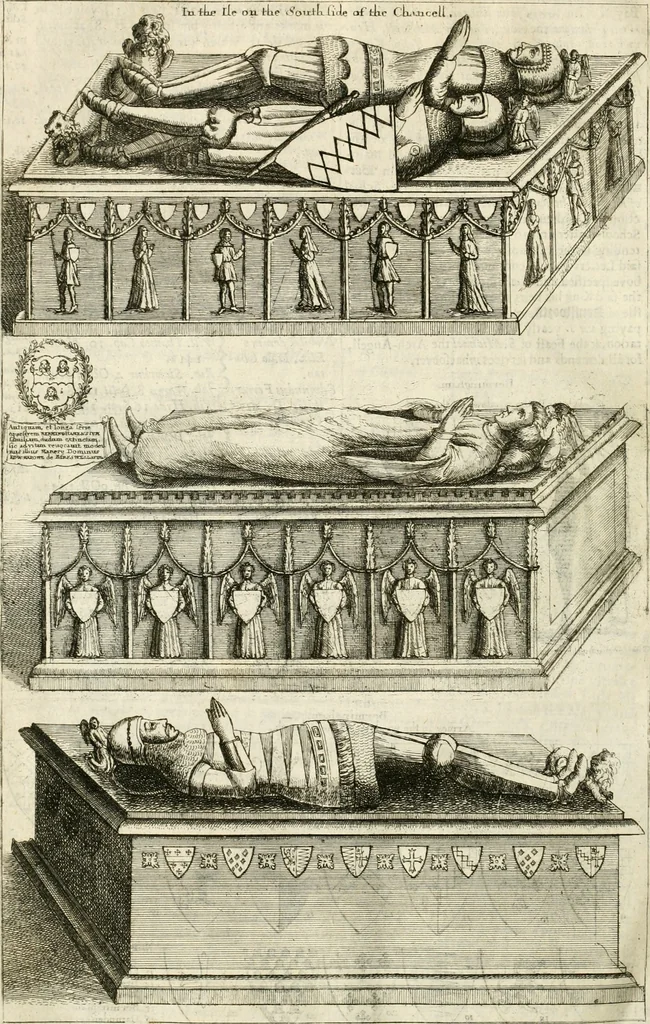 An illustration from The antiquities of Warwickshire illustrated : from records, leiger-books, manuscripts, charters, evidences, tombes, and armes : beautified with maps, prospects, and portraictures, 1656, leaf 653