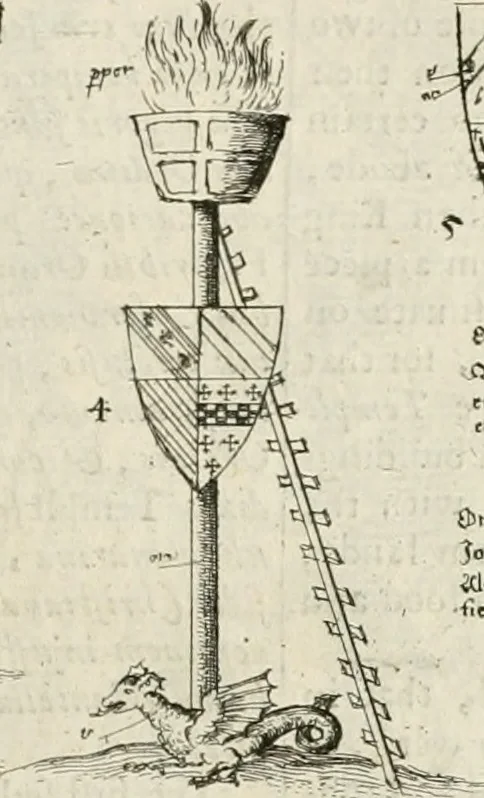 An illustration from The antiquities of Warwickshire illustrated : from records, leiger-books, manuscripts, charters, evidences, tombes, and armes : beautified with maps, prospects, and portraictures, 1656, leaf 694