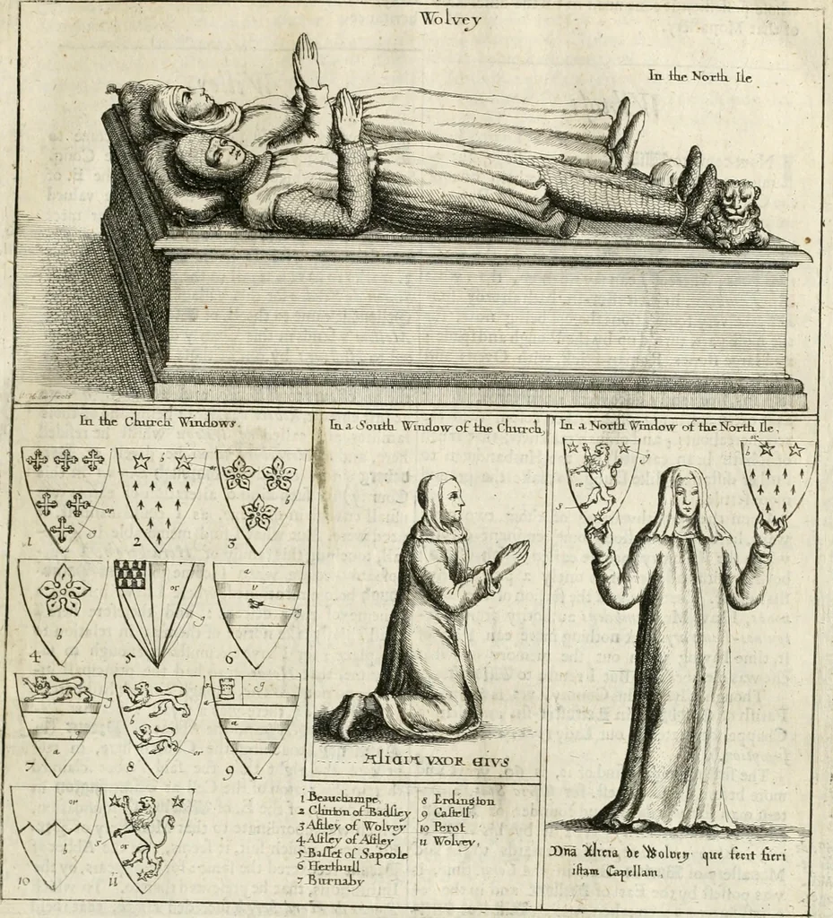 An illustration from The antiquities of Warwickshire illustrated : from records, leiger-books, manuscripts, charters, evidences, tombes, and armes : beautified with maps, prospects, and portraictures, 1656, leaf 70