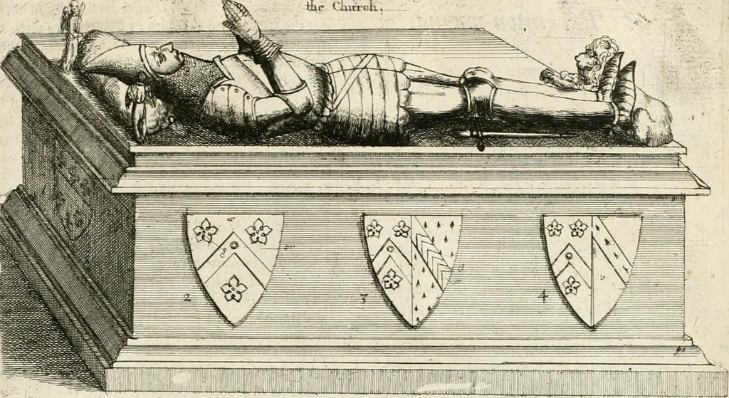 An illustration from The antiquities of Warwickshire illustrated : from records, leiger-books, manuscripts, charters, evidences, tombes, and armes : beautified with maps, prospects, and portraictures, 1656, leaf 714