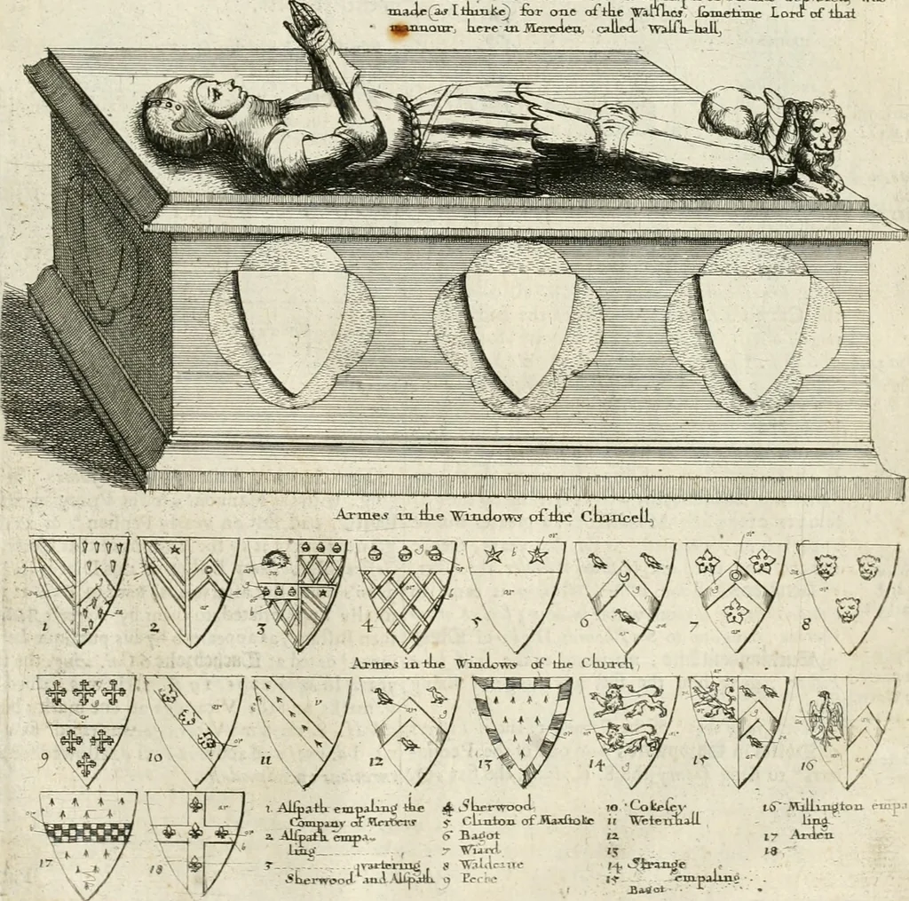 An illustration from The antiquities of Warwickshire illustrated : from records, leiger-books, manuscripts, charters, evidences, tombes, and armes : beautified with maps, prospects, and portraictures, 1656, leaf 714