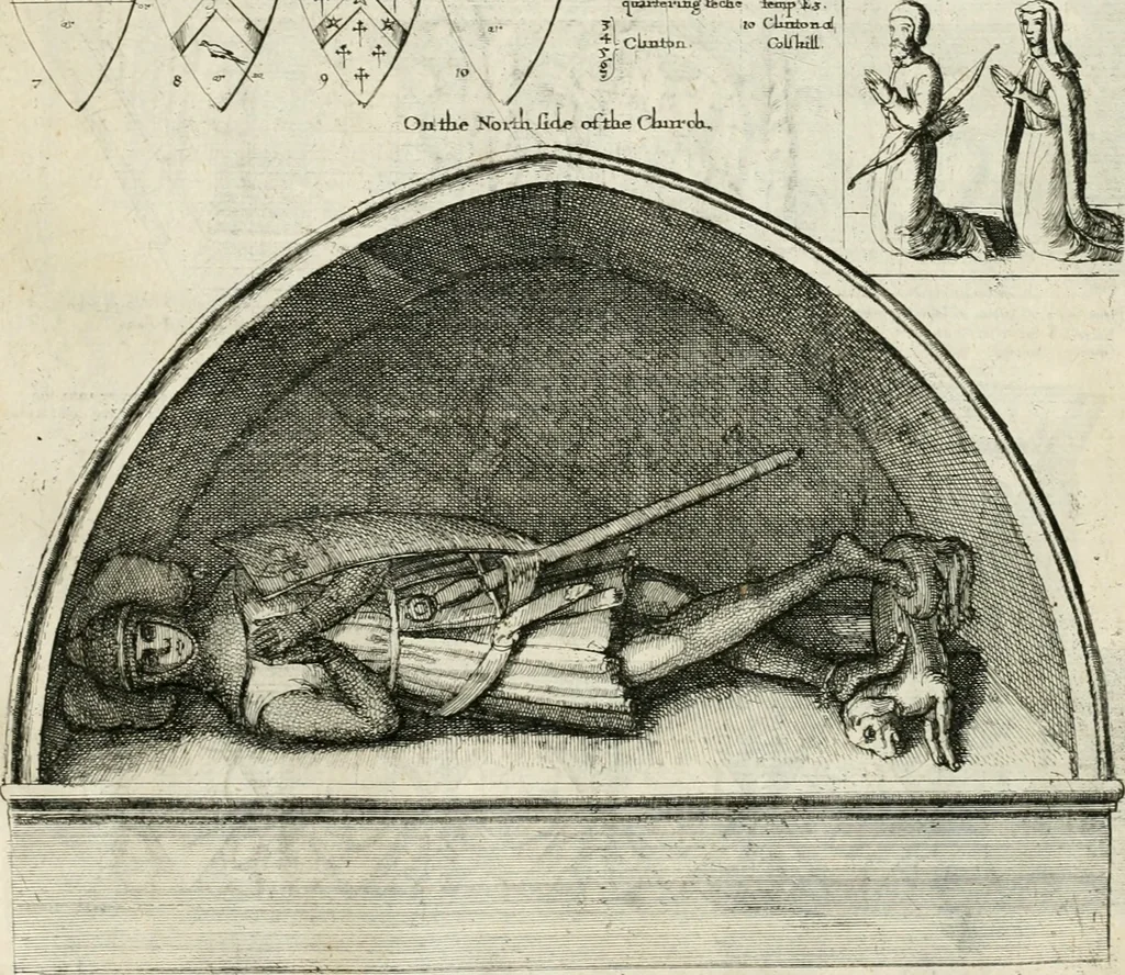 An illustration from The antiquities of Warwickshire illustrated : from records, leiger-books, manuscripts, charters, evidences, tombes, and armes : beautified with maps, prospects, and portraictures, 1656, leaf 736