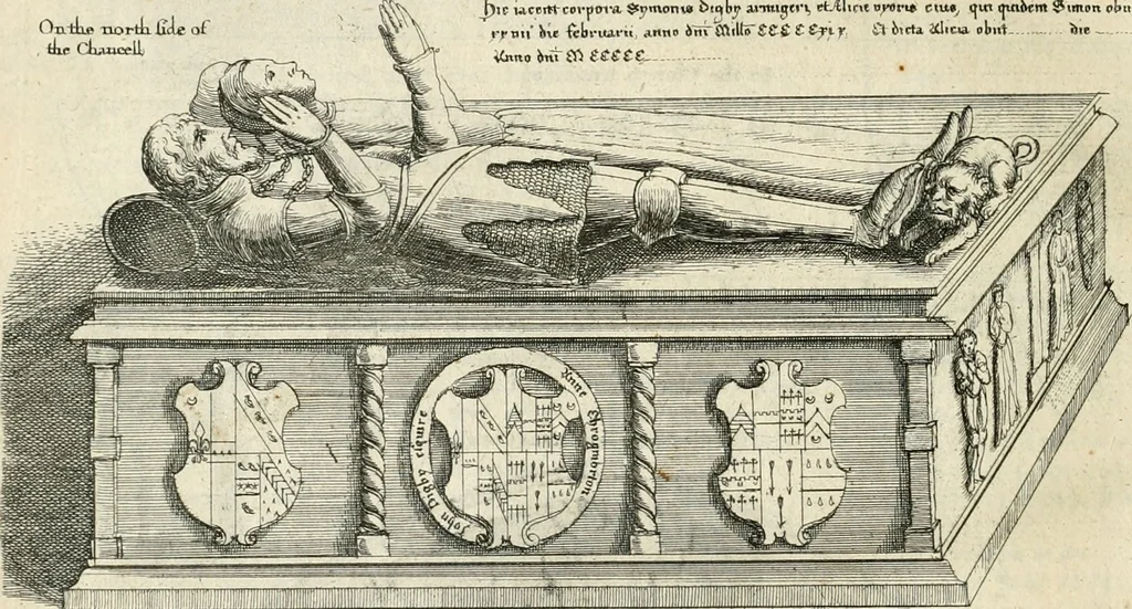 An illustration from The antiquities of Warwickshire illustrated : from records, leiger-books, manuscripts, charters, evidences, tombes, and armes : beautified with maps, prospects, and portraictures, 1656, leaf 737