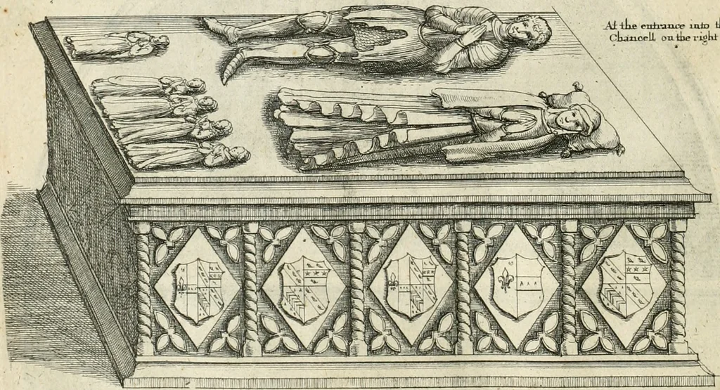 An illustration from The antiquities of Warwickshire illustrated : from records, leiger-books, manuscripts, charters, evidences, tombes, and armes : beautified with maps, prospects, and portraictures, 1656, leaf 737
