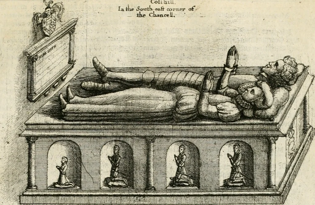 An illustration from The antiquities of Warwickshire illustrated : from records, leiger-books, manuscripts, charters, evidences, tombes, and armes : beautified with maps, prospects, and portraictures, 1656, leaf 738