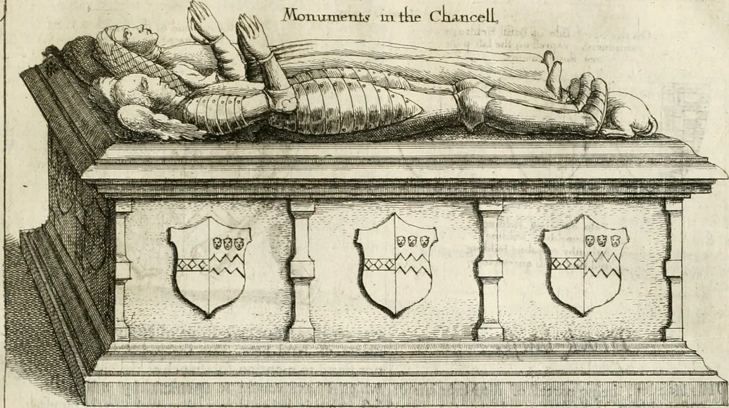 An illustration from The antiquities of Warwickshire illustrated : from records, leiger-books, manuscripts, charters, evidences, tombes, and armes : beautified with maps, prospects, and portraictures, 1656, leaf 76
