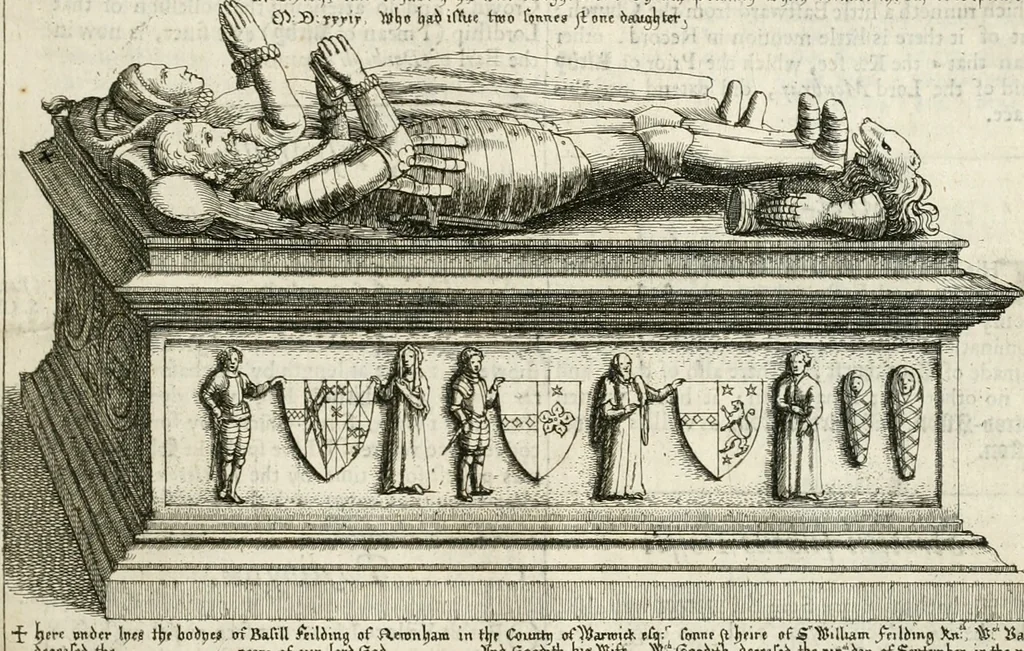 An illustration from The antiquities of Warwickshire illustrated : from records, leiger-books, manuscripts, charters, evidences, tombes, and armes : beautified with maps, prospects, and portraictures, 1656, leaf 76