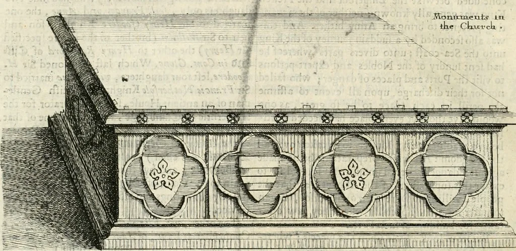 An illustration from The antiquities of Warwickshire illustrated : from records, leiger-books, manuscripts, charters, evidences, tombes, and armes : beautified with maps, prospects, and portraictures, 1656, leaf 805
