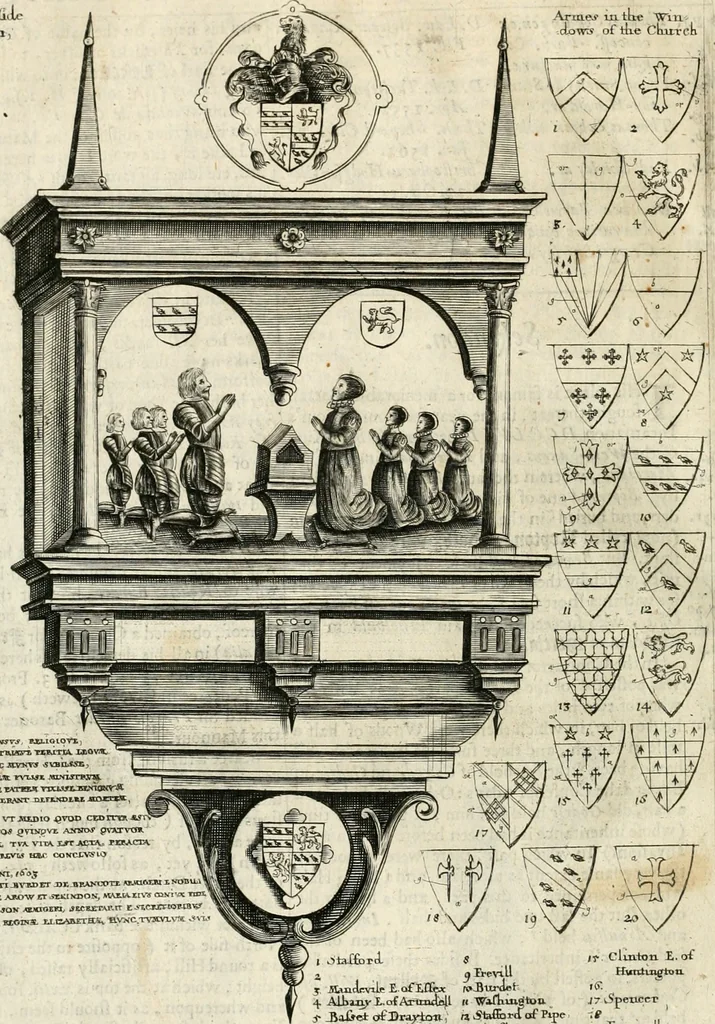 An illustration from The antiquities of Warwickshire illustrated : from records, leiger-books, manuscripts, charters, evidences, tombes, and armes : beautified with maps, prospects, and portraictures, 1656, leaf 815