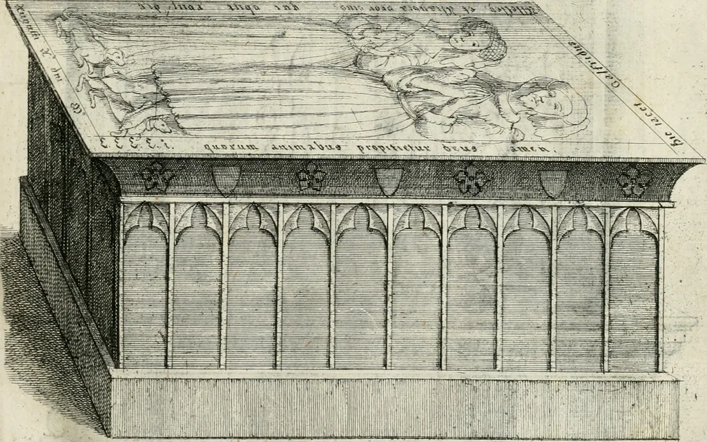 An illustration from The antiquities of Warwickshire illustrated : from records, leiger-books, manuscripts, charters, evidences, tombes, and armes : beautified with maps, prospects, and portraictures, 1656, leaf 90