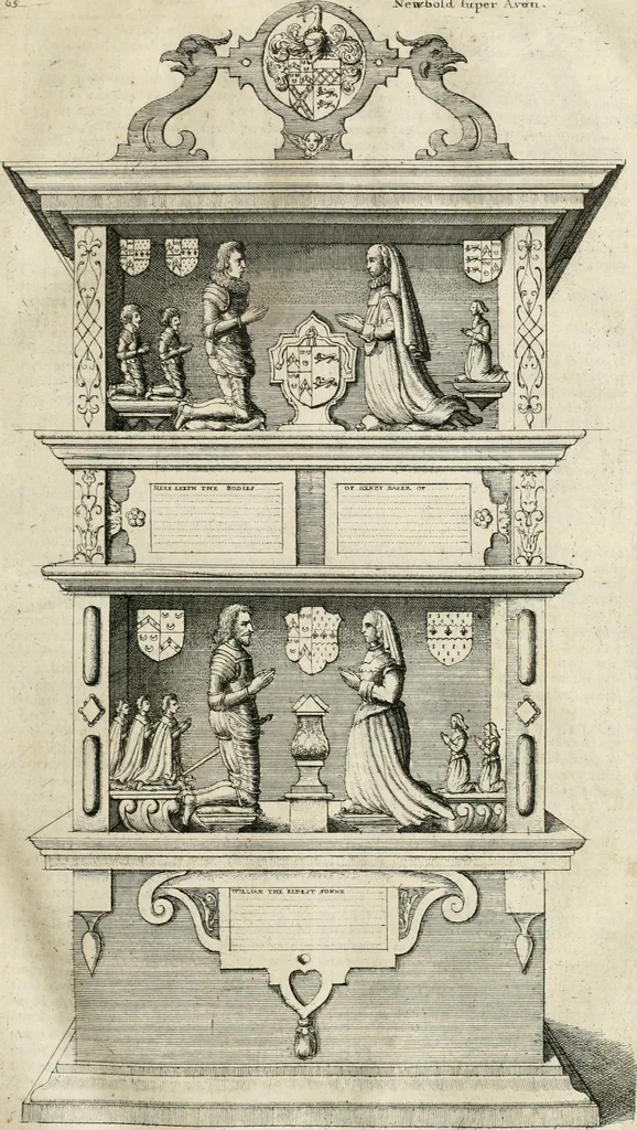 An illustration from The antiquities of Warwickshire illustrated : from records, leiger-books, manuscripts, charters, evidences, tombes, and armes : beautified with maps, prospects, and portraictures, 1656, leaf 92