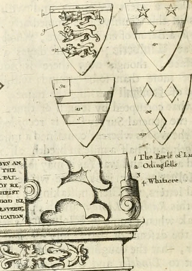 An illustration from The antiquities of Warwickshire illustrated : from records, leiger-books, manuscripts, charters, evidences, tombes, and armes : beautified with maps, prospects, and portraictures, 1656, leaf 97