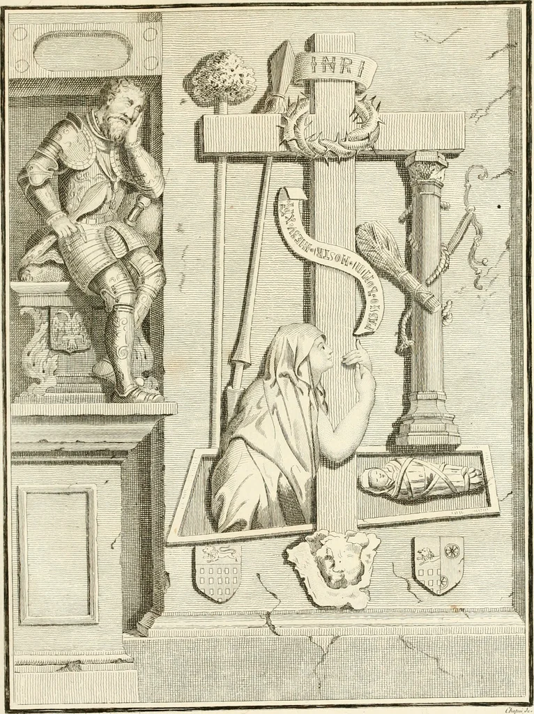 An illustration from Antiquités nationales, ou, Recueil de monumens : pour servir à l'histoire générale et particulière de l'empire françois, tels que tombeaux, inscriptions, statues, vitraux, fresques, etc. : tirés des abbayes, monastères, châteaux, et autres lieux devenus domaines nationaux, 1790, leaf 100
