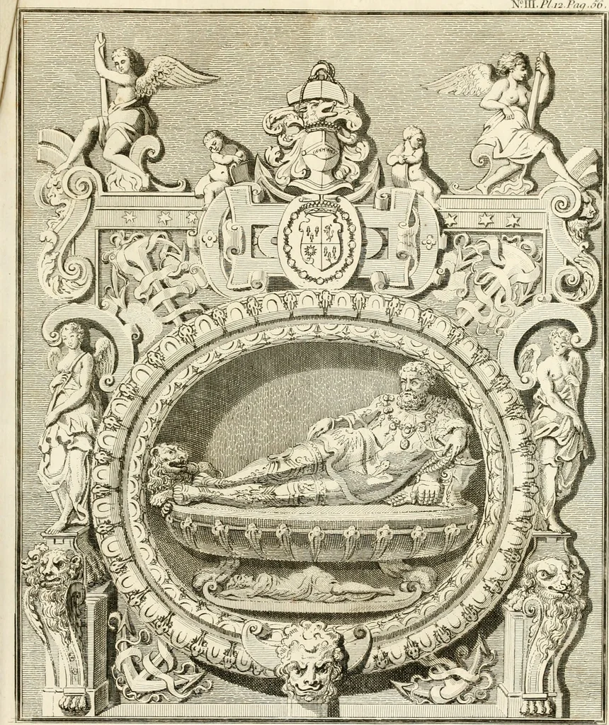 An illustration from Antiquités nationales, ou, Recueil de monumens : pour servir à l'histoire générale et particulière de l'empire françois, tels que tombeaux, inscriptions, statues, vitraux, fresques, etc. : tirés des abbayes, monastères, châteaux, et autres lieux devenus domaines nationaux, 1790, leaf 142