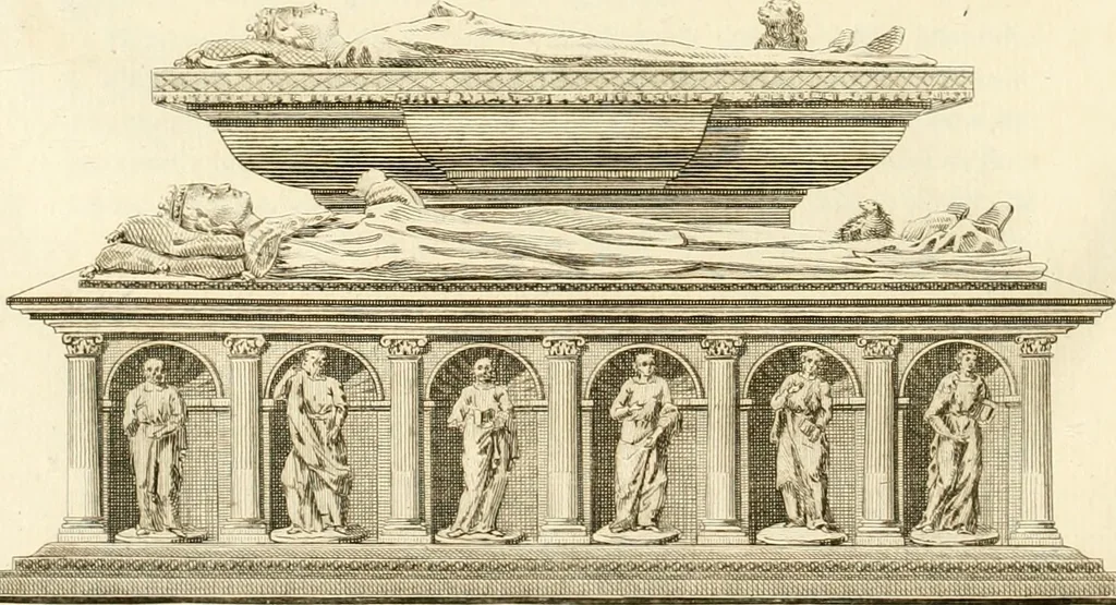 An illustration from Antiquités nationales, ou, Recueil de monumens : pour servir à l'histoire générale et particulière de l'empire françois, tels que tombeaux, inscriptions, statues, vitraux, fresques, etc. : tirés des abbayes, monastères, châteaux, et autres lieux devenus domaines nationaux, 1790, leaf 169