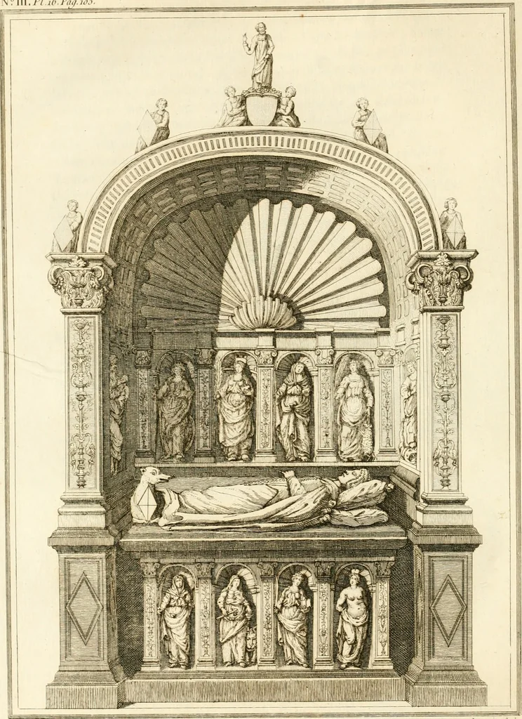 An illustration from Antiquités nationales, ou, Recueil de monumens : pour servir à l'histoire générale et particulière de l'empire françois, tels que tombeaux, inscriptions, statues, vitraux, fresques, etc. : tirés des abbayes, monastères, châteaux, et autres lieux devenus domaines nationaux, 1790, leaf 197