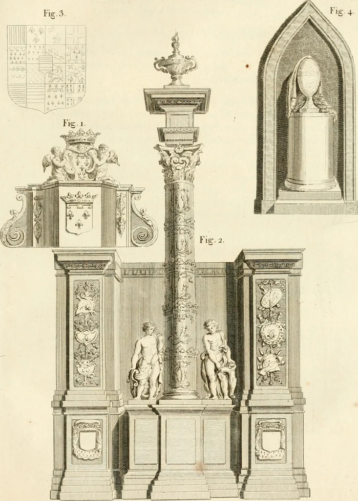 An illustration from Antiquités nationales, ou, Recueil de monumens : pour servir à l'histoire générale et particulière de l'empire françois, tels que tombeaux, inscriptions, statues, vitraux, fresques, etc. : tirés des abbayes, monastères, châteaux, et autres lieux devenus domaines nationaux, 1790, leaf 206