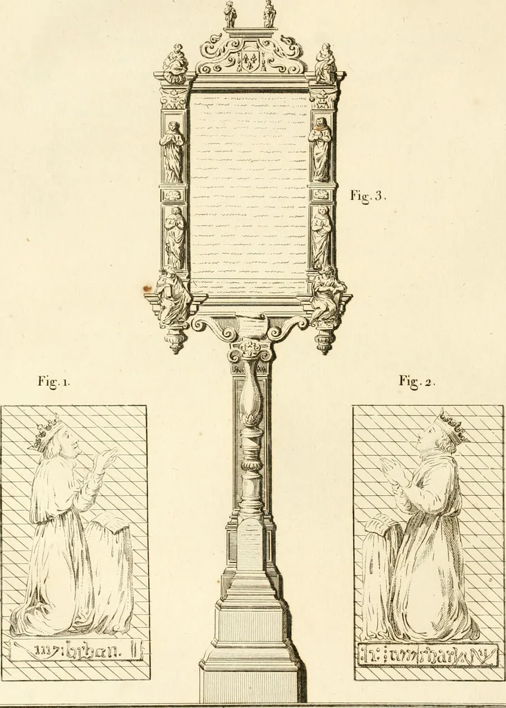 An illustration from Antiquités nationales, ou, Recueil de monumens : pour servir à l'histoire générale et particulière de l'empire françois, tels que tombeaux, inscriptions, statues, vitraux, fresques, etc. : tirés des abbayes, monastères, châteaux, et autres lieux devenus domaines nationaux, 1790, leaf 221