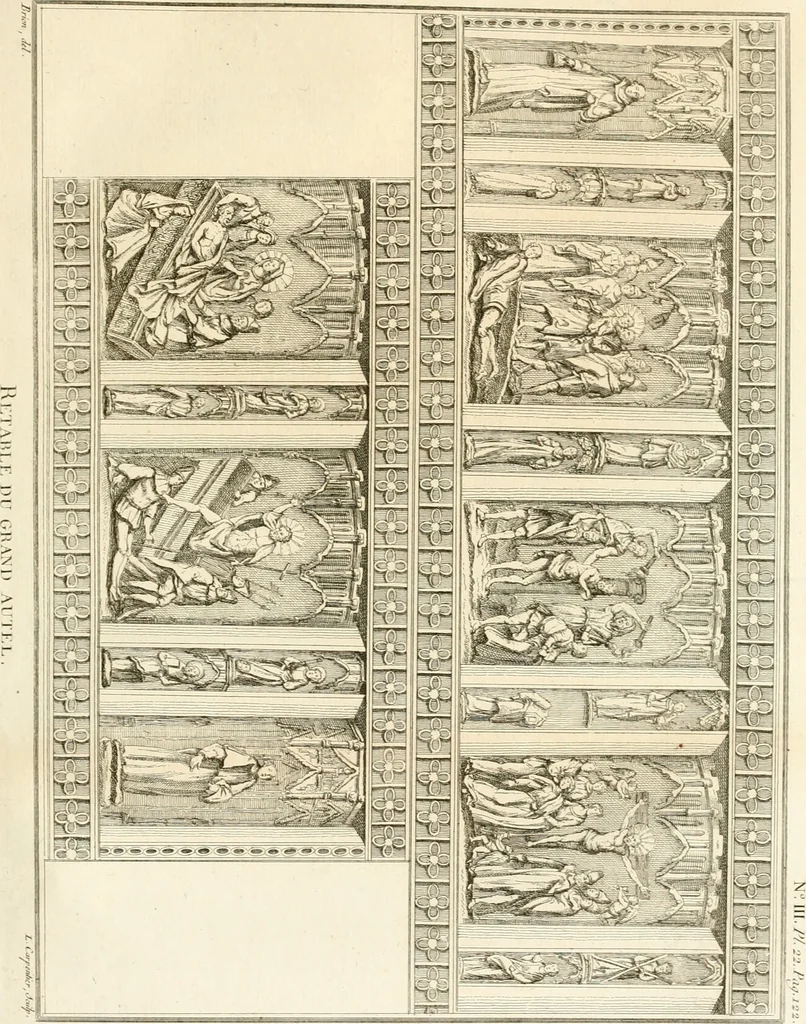 An illustration from Antiquités nationales, ou, Recueil de monumens : pour servir à l'histoire générale et particulière de l'empire françois, tels que tombeaux, inscriptions, statues, vitraux, fresques, etc. : tirés des abbayes, monastères, châteaux, et autres lieux devenus domaines nationaux, 1790, leaf 228