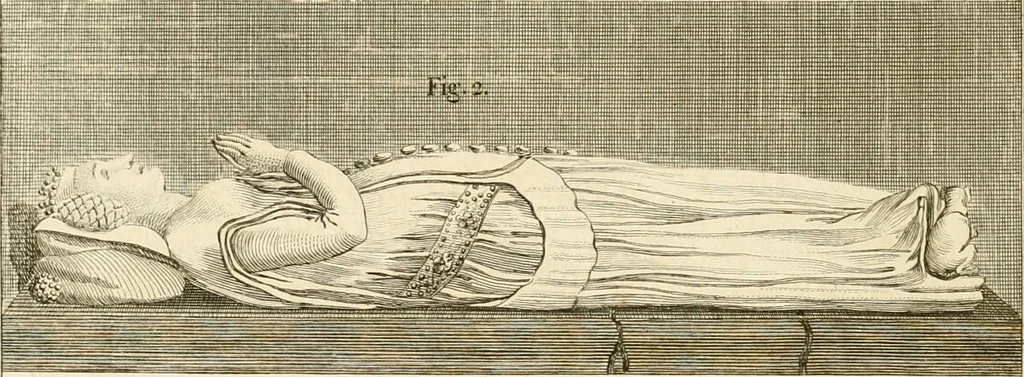 An illustration from Antiquités nationales, ou, Recueil de monumens : pour servir à l'histoire générale et particulière de l'empire françois, tels que tombeaux, inscriptions, statues, vitraux, fresques, etc. : tirés des abbayes, monastères, châteaux, et autres lieux devenus domaines nationaux, 1790, leaf 231