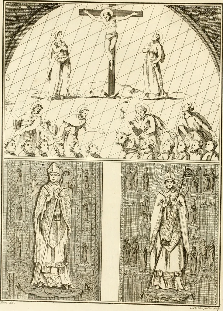 An illustration from Antiquités nationales, ou, Recueil de monumens : pour servir à l'histoire générale et particulière de l'empire françois, tels que tombeaux, inscriptions, statues, vitraux, fresques, etc. : tirés des abbayes, monastères, châteaux, et autres lieux devenus domaines nationaux, 1790, leaf 261