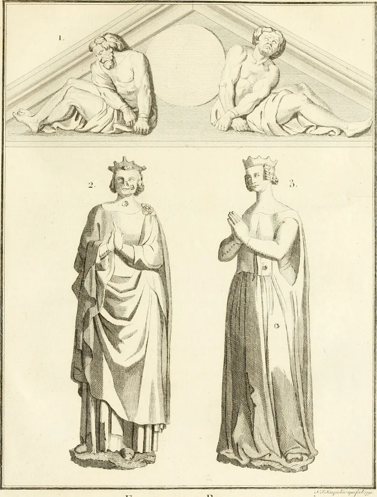 An illustration from Antiquités nationales, ou, Recueil de monumens : pour servir à l'histoire générale et particulière de l'empire françois, tels que tombeaux, inscriptions, statues, vitraux, fresques, etc. : tirés des abbayes, monastères, châteaux, et autres lieux devenus domaines nationaux, 1790, leaf 38