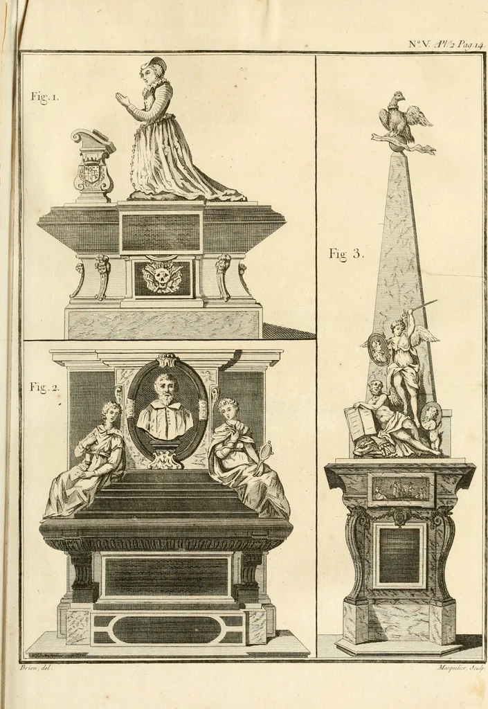 An illustration from Antiquités nationales, ou, Recueil de monumens : pour servir à l'histoire générale et particulière de l'empire françois, tels que tombeaux, inscriptions, statues, vitraux, fresques, etc. : tirés des abbayes, monastères, châteaux, et autres lieux devenus domaines nationaux, 1790, leaf 388
