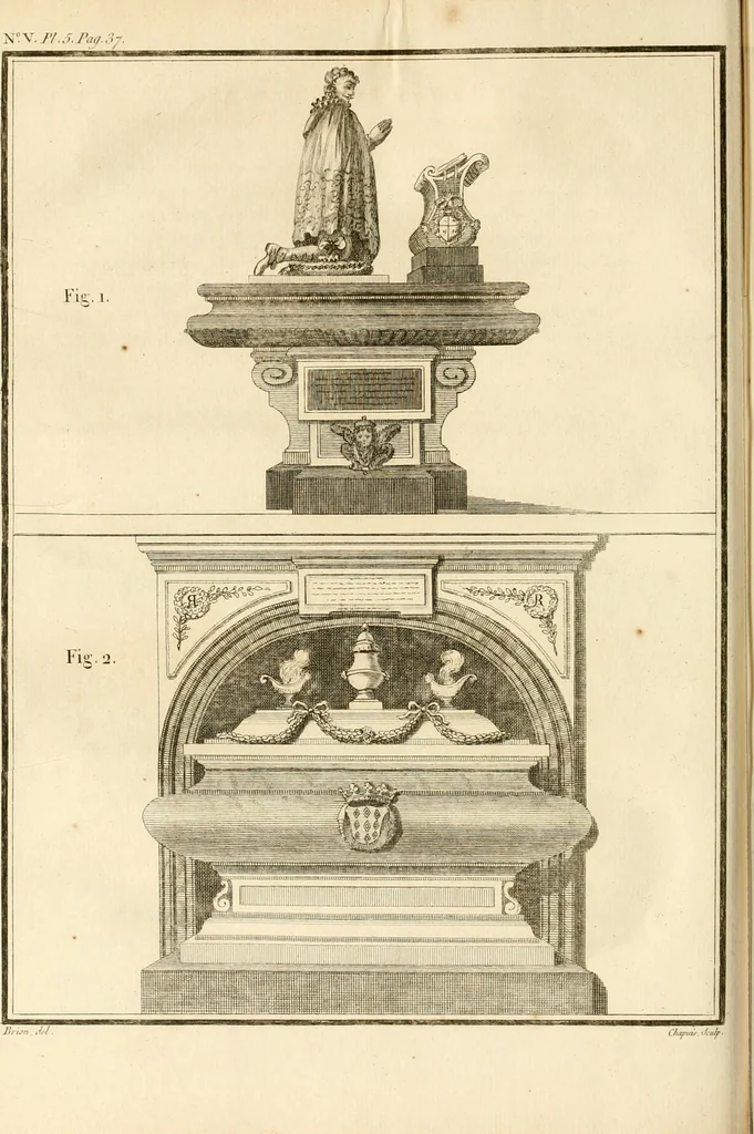 An illustration from Antiquités nationales, ou, Recueil de monumens : pour servir à l'histoire générale et particulière de l'empire françois, tels que tombeaux, inscriptions, statues, vitraux, fresques, etc. : tirés des abbayes, monastères, châteaux, et autres lieux devenus domaines nationaux, 1790, leaf 417