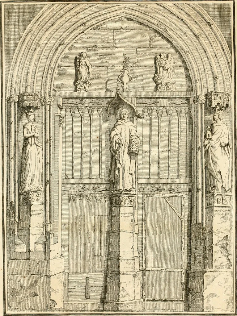 An illustration from Antiquités nationales, ou, Recueil de monumens : pour servir à l'histoire générale et particulière de l'empire françois, tels que tombeaux, inscriptions, statues, vitraux, fresques, etc. : tirés des abbayes, monastères, châteaux, et autres lieux devenus domaines nationaux, 1790, leaf 77
