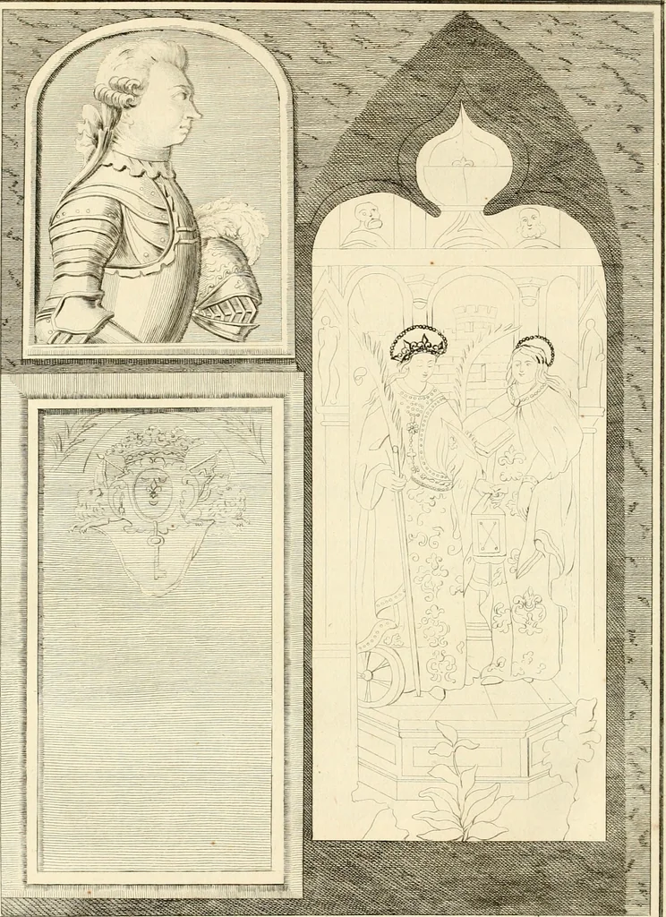 An illustration from Antiquités nationales, ou, Recueil de monumens : pour servir à l'histoire générale et particulière de l'empire françois, tels que tombeaux, inscriptions, statues, vitraux, fresques, etc. : tirés des abbayes, monastères, châteaux, et autres lieux devenus domaines nationaux, 1790, leaf 93