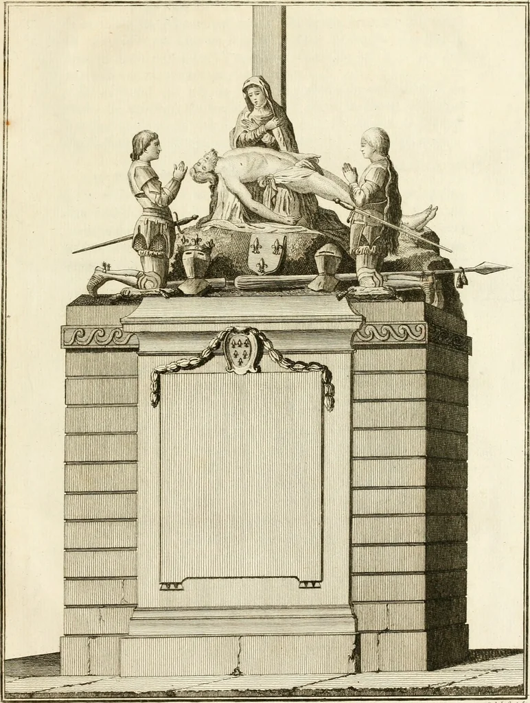 An illustration from Antiquités nationales, ou, Recueil de monumens : pour servir à l'histoire générale et particulière de l'empire françois, tels que tombeaux, inscriptions, statues, vitraux, fresques, etc. : tirés des abbayes, monastères, châteaux, et autres lieux devenus domaines nationaux, 1790, leaf 12