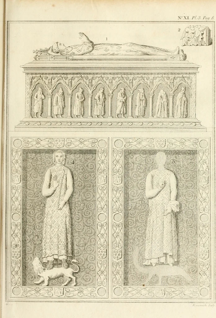 An illustration from Antiquités nationales, ou, Recueil de monumens : pour servir à l'histoire générale et particulière de l'empire françois, tels que tombeaux, inscriptions, statues, vitraux, fresques, etc. : tirés des abbayes, monastères, châteaux, et autres lieux devenus domaines nationaux, 1790, leaf 136