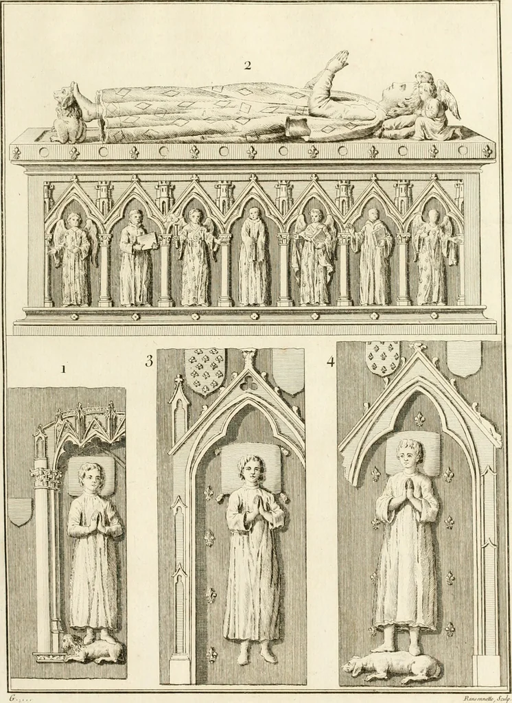 An illustration from Antiquités nationales, ou, Recueil de monumens : pour servir à l'histoire générale et particulière de l'empire françois, tels que tombeaux, inscriptions, statues, vitraux, fresques, etc. : tirés des abbayes, monastères, châteaux, et autres lieux devenus domaines nationaux, 1790, leaf 140