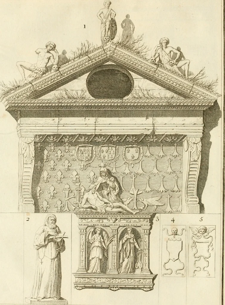An illustration from Antiquités nationales, ou, Recueil de monumens : pour servir à l'histoire générale et particulière de l'empire françois, tels que tombeaux, inscriptions, statues, vitraux, fresques, etc. : tirés des abbayes, monastères, châteaux, et autres lieux devenus domaines nationaux, 1790, leaf 169