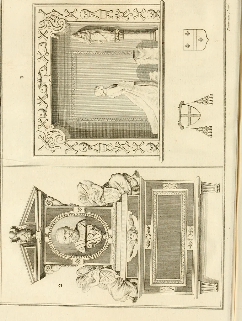 An illustration from Antiquités nationales, ou, Recueil de monumens : pour servir à l'histoire générale et particulière de l'empire françois, tels que tombeaux, inscriptions, statues, vitraux, fresques, etc. : tirés des abbayes, monastères, châteaux, et autres lieux devenus domaines nationaux, 1790, leaf 175