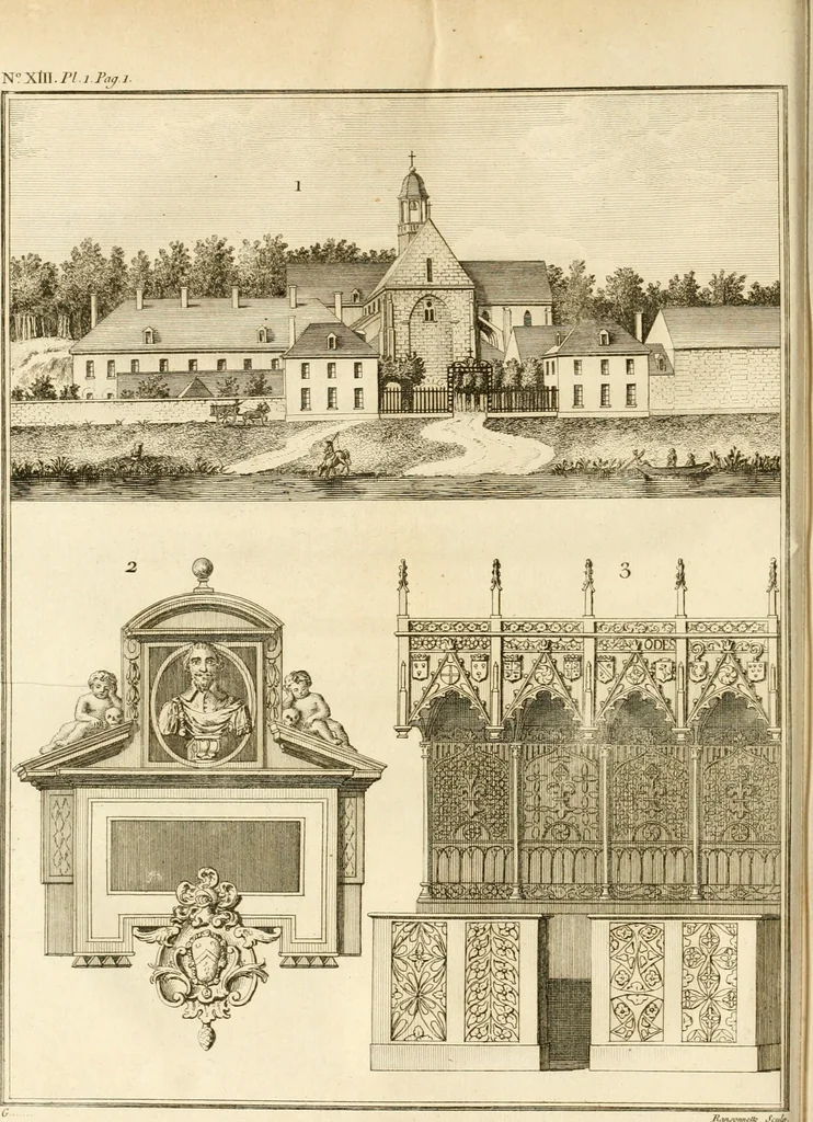 An illustration from Antiquités nationales, ou, Recueil de monumens : pour servir à l'histoire générale et particulière de l'empire françois, tels que tombeaux, inscriptions, statues, vitraux, fresques, etc. : tirés des abbayes, monastères, châteaux, et autres lieux devenus domaines nationaux, 1790, leaf 197