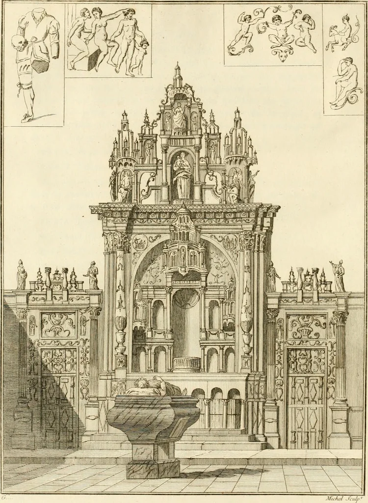 An illustration from Antiquités nationales, ou, Recueil de monumens : pour servir à l'histoire générale et particulière de l'empire françois, tels que tombeaux, inscriptions, statues, vitraux, fresques, etc. : tirés des abbayes, monastères, châteaux, et autres lieux devenus domaines nationaux, 1790, leaf 203