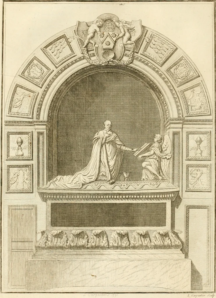 An illustration from Antiquités nationales, ou, Recueil de monumens : pour servir à l'histoire générale et particulière de l'empire françois, tels que tombeaux, inscriptions, statues, vitraux, fresques, etc. : tirés des abbayes, monastères, châteaux, et autres lieux devenus domaines nationaux, 1790, leaf 239
