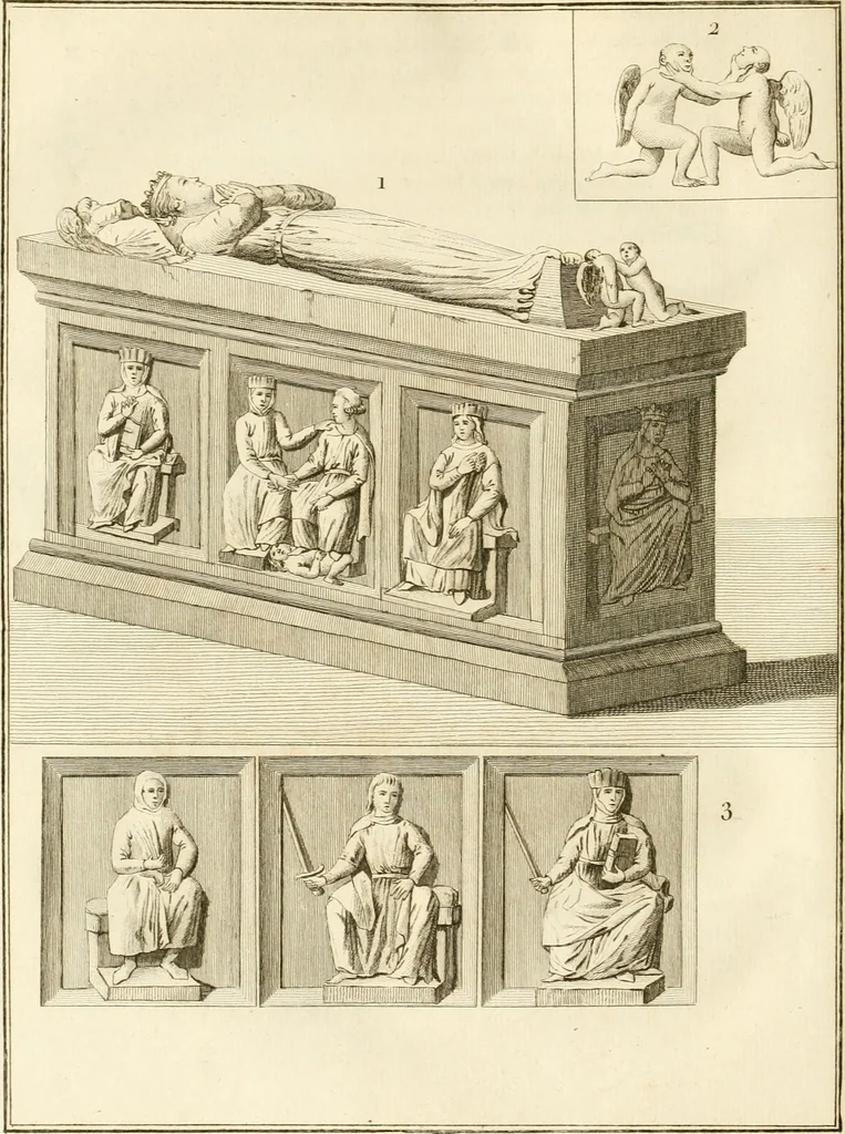 An illustration from Antiquités nationales, ou, Recueil de monumens : pour servir à l'histoire générale et particulière de l'empire françois, tels que tombeaux, inscriptions, statues, vitraux, fresques, etc. : tirés des abbayes, monastères, châteaux, et autres lieux devenus domaines nationaux, 1790, leaf 347