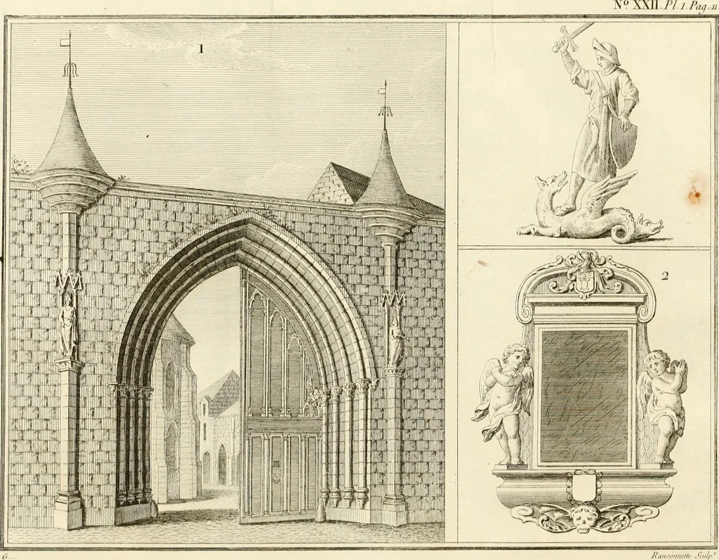 An illustration from Antiquités nationales, ou, Recueil de monumens : pour servir à l'histoire générale et particulière de l'empire françois, tels que tombeaux, inscriptions, statues, vitraux, fresques, etc. : tirés des abbayes, monastères, châteaux, et autres lieux devenus domaines nationaux, 1790, leaf 413
