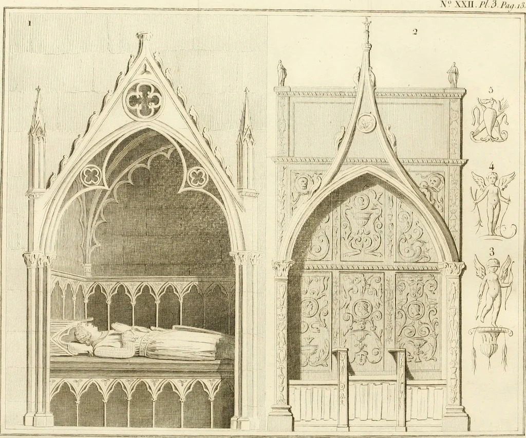 An illustration from Antiquités nationales, ou, Recueil de monumens : pour servir à l'histoire générale et particulière de l'empire françois, tels que tombeaux, inscriptions, statues, vitraux, fresques, etc. : tirés des abbayes, monastères, châteaux, et autres lieux devenus domaines nationaux, 1790, leaf 419