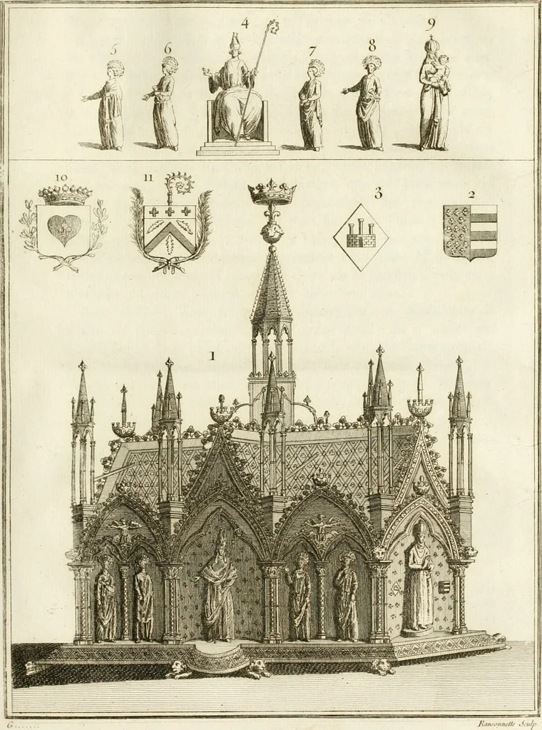 An illustration from Antiquités nationales, ou, Recueil de monumens : pour servir à l'histoire générale et particulière de l'empire françois, tels que tombeaux, inscriptions, statues, vitraux, fresques, etc. : tirés des abbayes, monastères, châteaux, et autres lieux devenus domaines nationaux, 1790, leaf 434