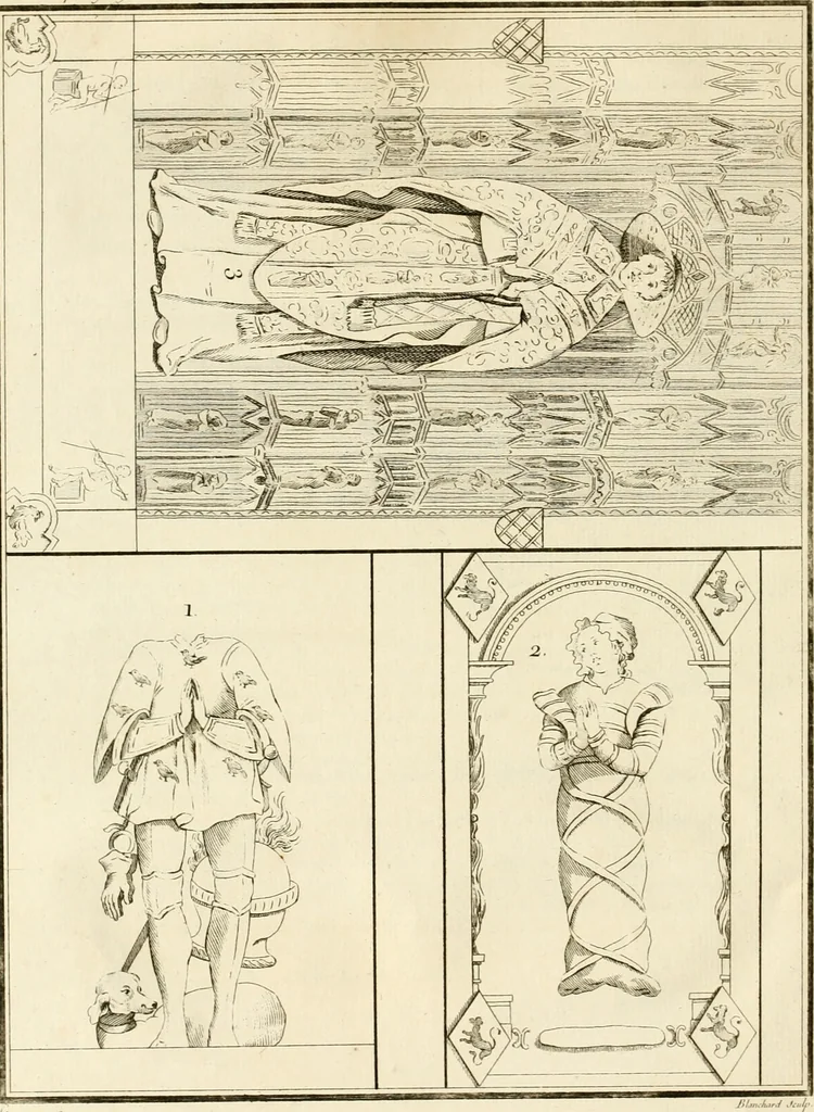 An illustration from Antiquités nationales, ou, Recueil de monumens : pour servir à l'histoire générale et particulière de l'empire françois, tels que tombeaux, inscriptions, statues, vitraux, fresques, etc. : tirés des abbayes, monastères, châteaux, et autres lieux devenus domaines nationaux, 1790, leaf 77